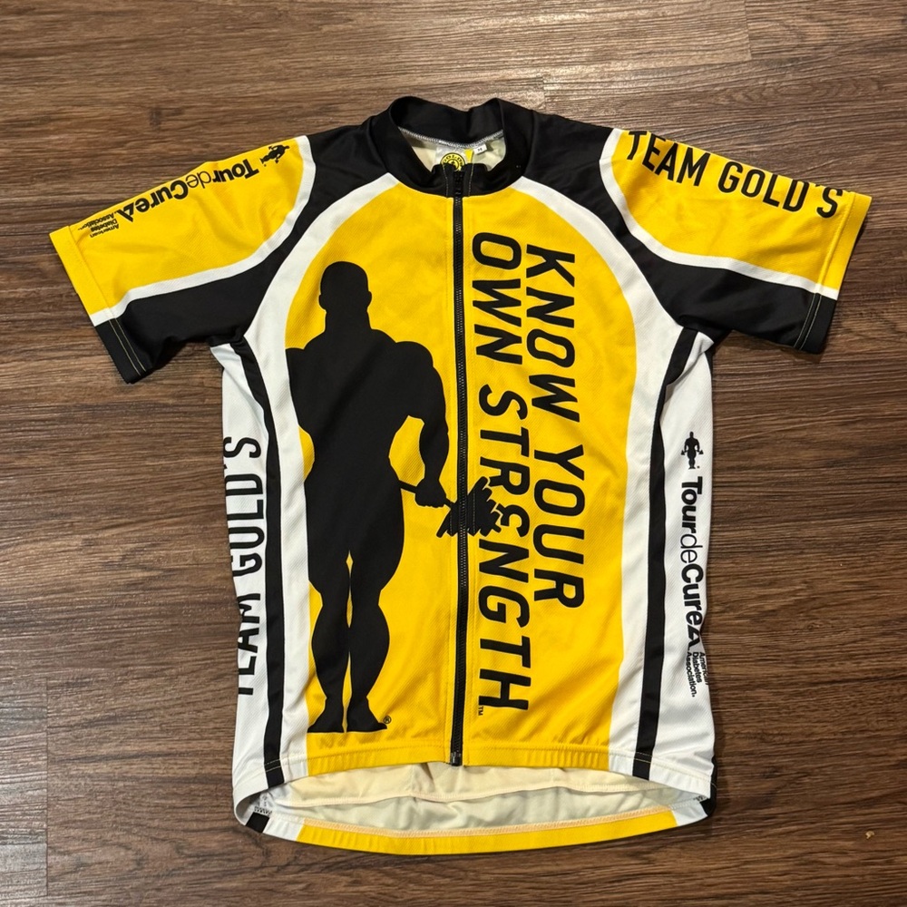 Gold’s Gym Tour de Cure Cycling Jersey Yellow Black Med Know Your Own Strength